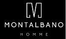 Logo Montalbano Homme blanc sur fond noir, affichant un symbole 'M' stylisé au-dessus du nom de la marque élégante de mode masculine.