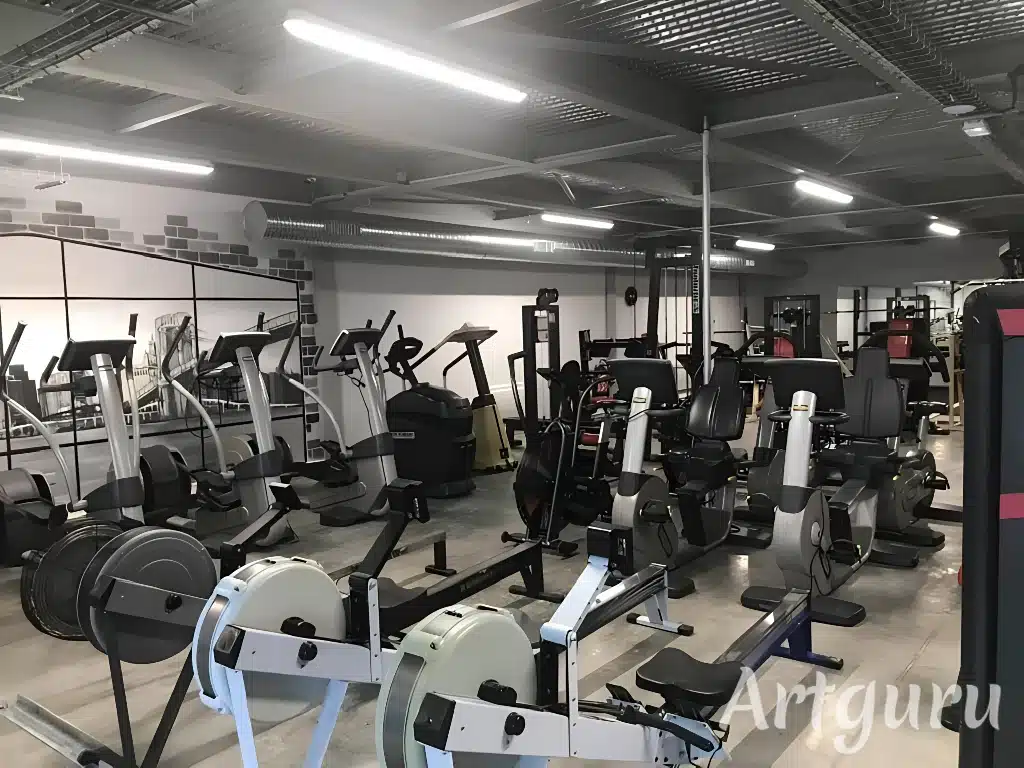 Salle de sport moderne et lumineuse avec de nombreux appareils de fitness cardio (rameurs, vélos, elliptiques) et musculation.