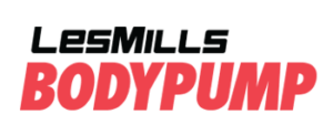 Logo Les Mills BODYPUMP noir et rouge sur fond blanc, représentant le programme de fitness Les Mills.
