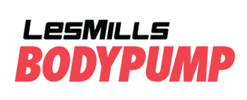 Logo Les Mills BODYPUMP noir et rouge sur fond blanc, représentant le programme de fitness Les Mills.