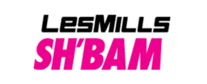 Logo Les Mills SH'BAM en noir et rose vif sur fond blanc, représentant le programme de danse fitness.