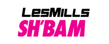 Logo Les Mills SH'BAM en noir et rose vif sur fond blanc, représentant le programme de danse fitness.