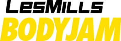 Logo Les Mills noir sur blanc, avec le texte BODYJAM jaune vif en dessous, annonçant le programme de fitness Les Mills.