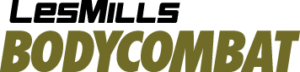 Logo Les Mills BODYCOMBAT, texte noir et vert olive, style dynamique et sportif pour entraînement fitness.