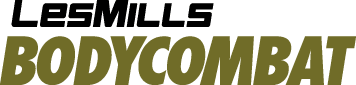 Logo Les Mills BODYCOMBAT, texte noir et vert olive, style dynamique et sportif pour entraînement fitness.