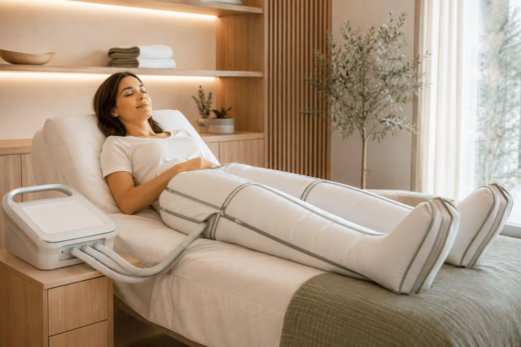 Femme relaxée en séance de pressothérapie avec bottes de compression dans un centre de bien-être.