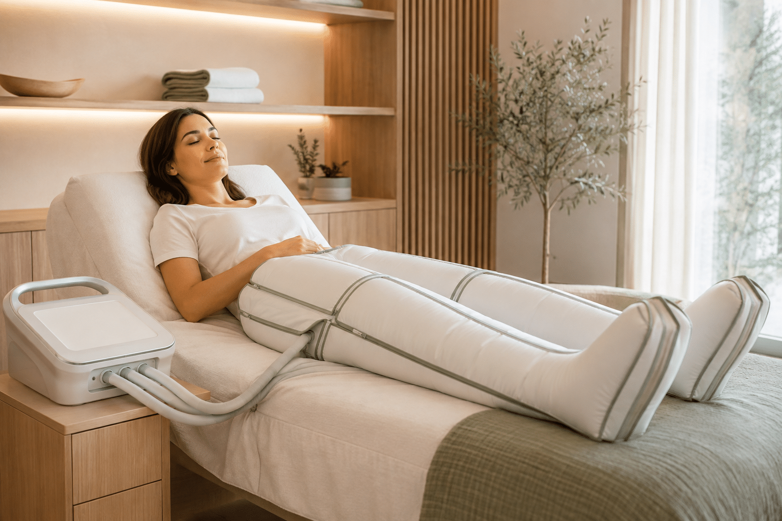 Pressothérapie : Séance Bien-être et Drainage Lymphatique Femme relaxée en séance de pressothérapie avec bottes de compression dans un centre de bien-être.