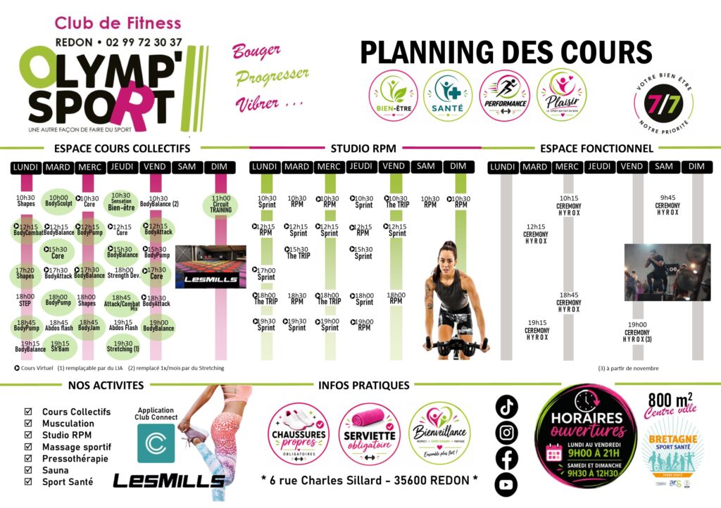 Planning des cours collectifs, RPM et espace fonctionnel Olymp' Sport à Redon. Horaires et activités fitness Les Mills.
